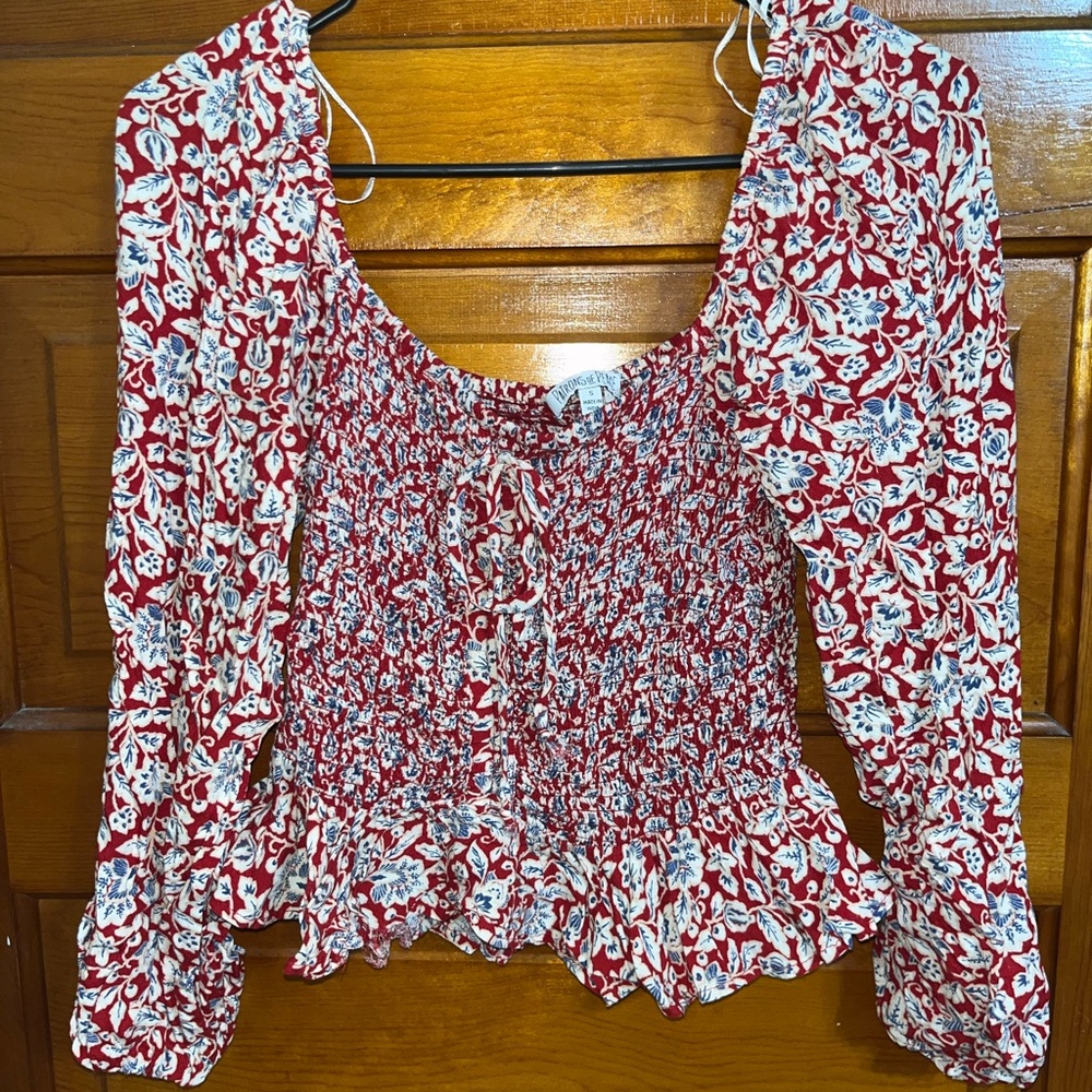 Floral Red and White Smocked Top